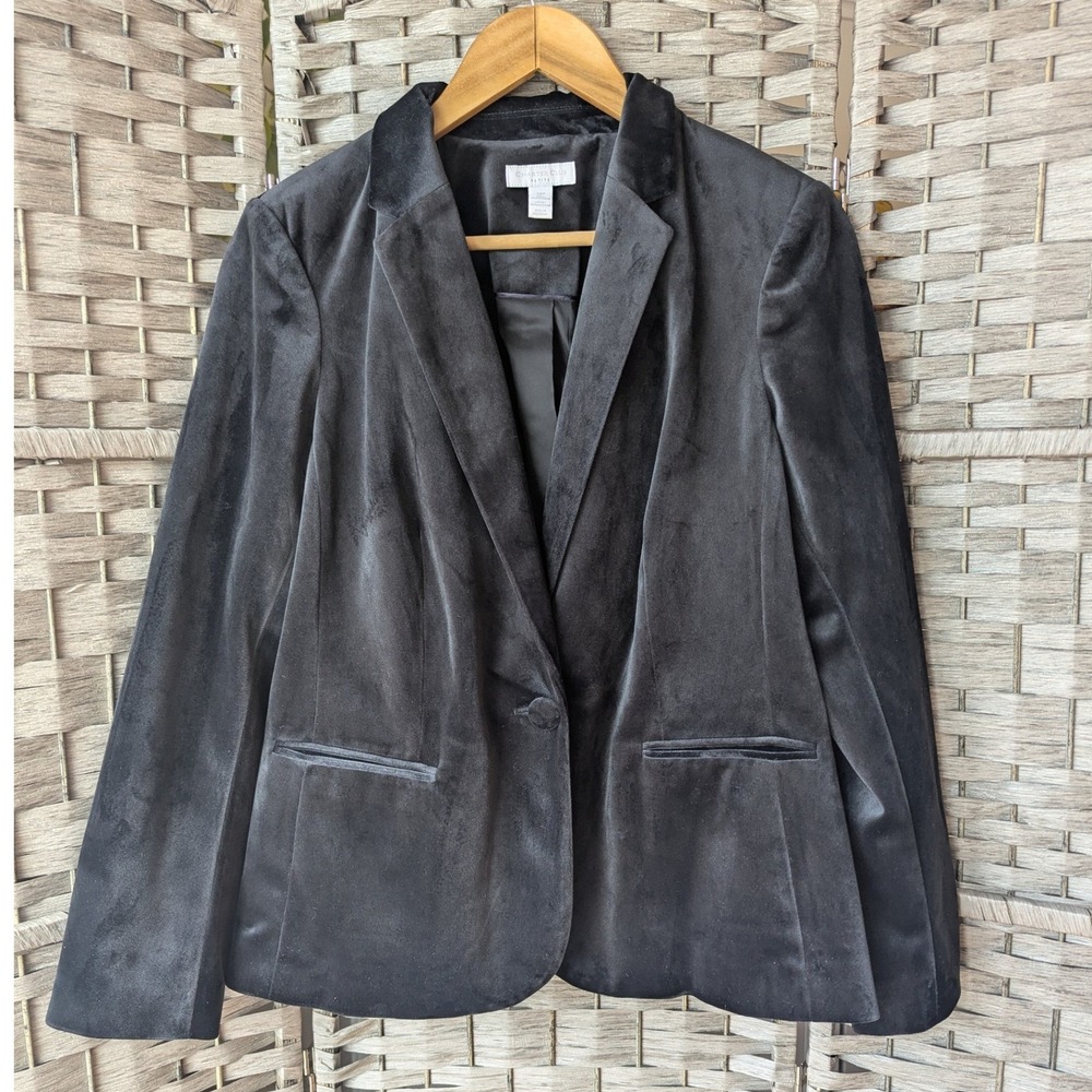 Solid Black Velvet Single Button Blazer Jacket Sz 12P Whimsigoth Dark‎ Academia